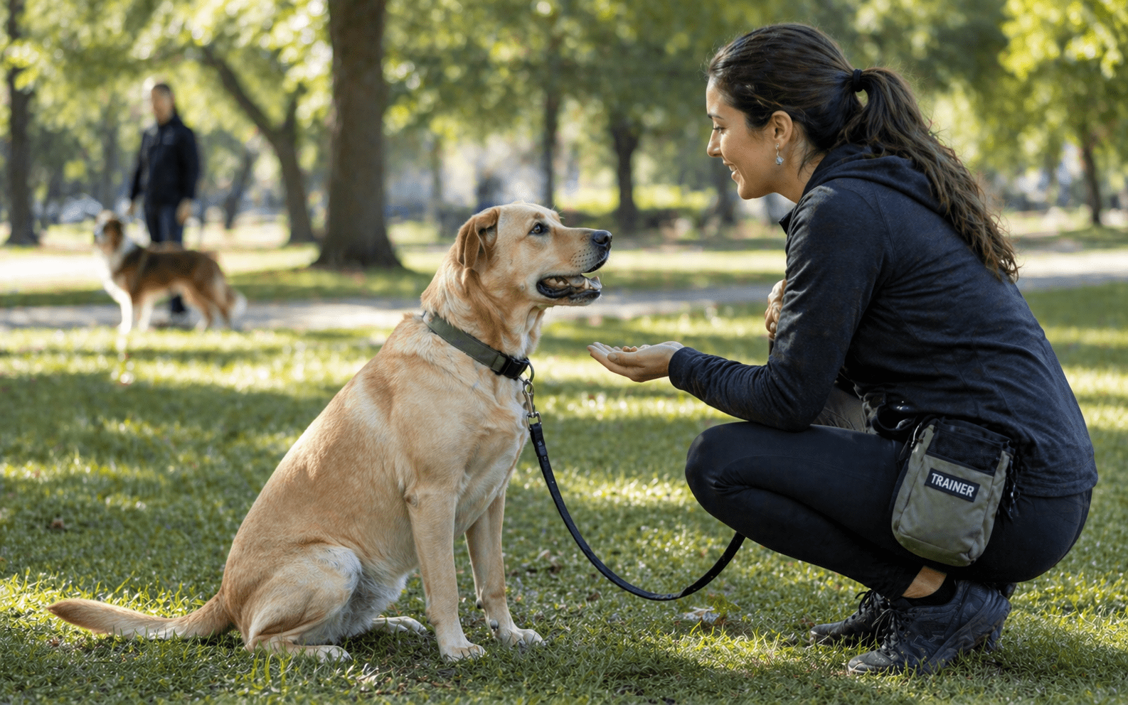 Reactive vs Aggressive Dog: How to Tell the Difference 4 Professional trainer using positive reinforcement to train reactive dog with treats and distance