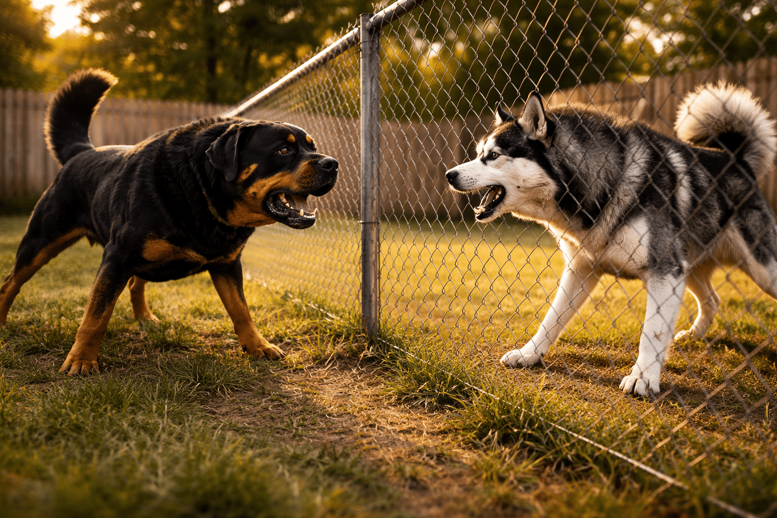Redirected Aggression in Dogs: What It Is and How to Handle It 1 A Rottweiler and a Husky face each other on opposite sides of a chain-link fence, both growling with bared teeth in a backyard on a sunny day.