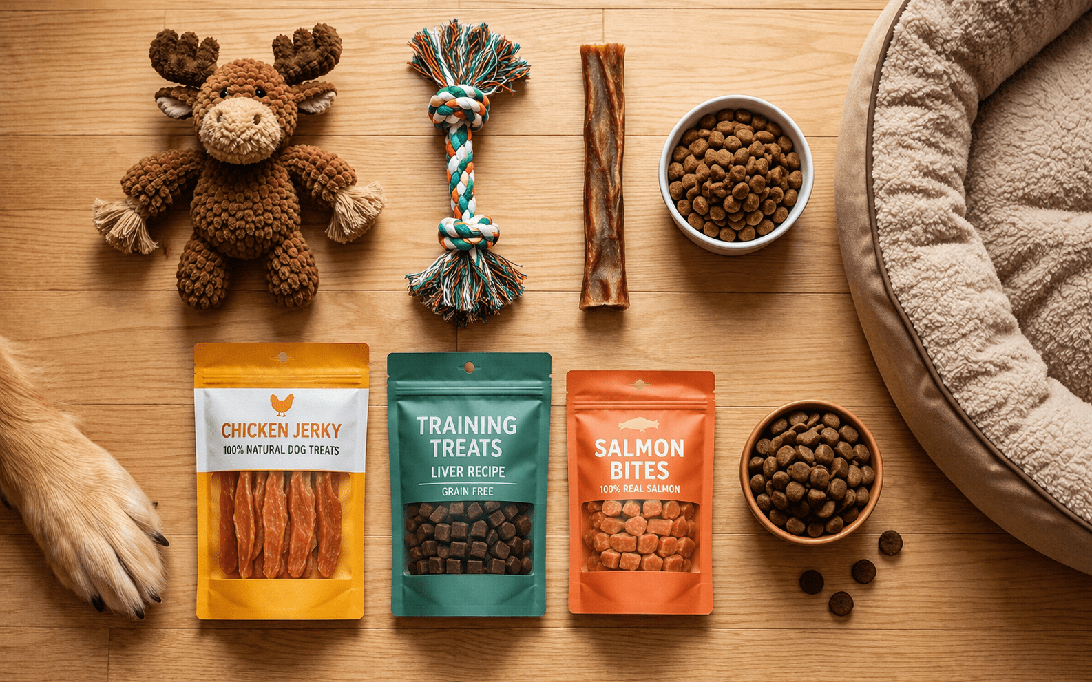How to Stop Resource Guarding in Dogs 1 A dog’s paw rests near dog treats, a plush moose toy, a rope toy, a stick treat, a bowl of kibble, a dog bed, and three treat bags labeled Chicken Jerky, Training Treats, and Salmon Bites on a wooden floor.