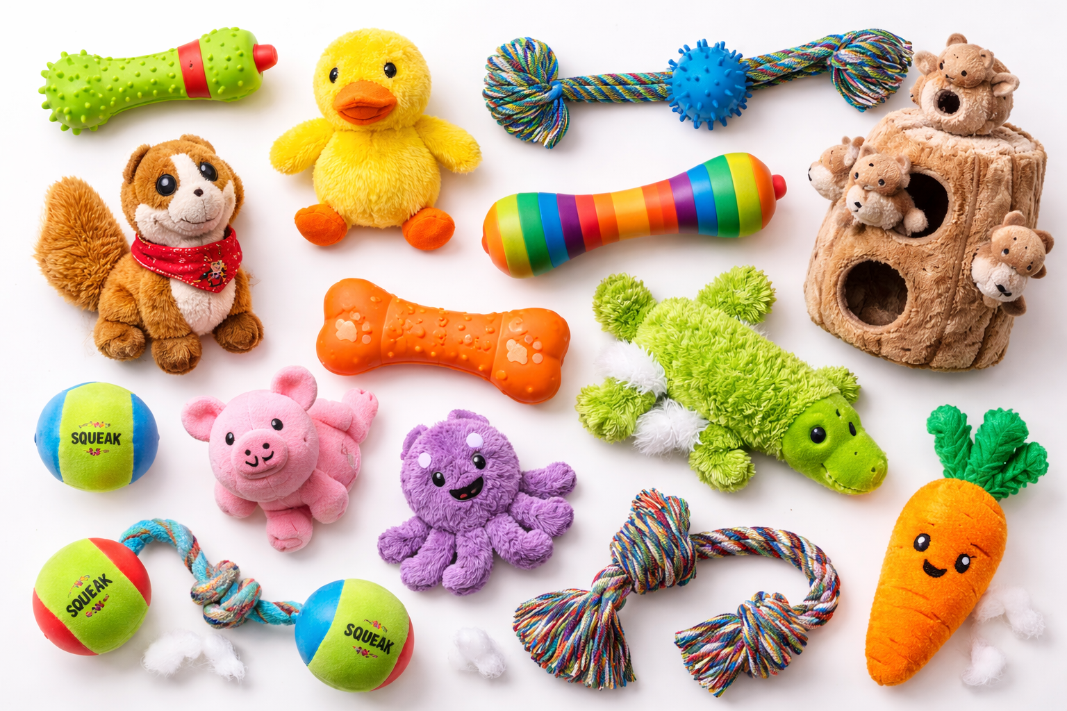 Why Do Dogs Like Squeaky Toys? (The Science Behind the Obsession) 4 A variety of colorful dog toys, including plush animals, squeaky balls, ropes, rubber bones, a carrot, and a tree trunk with squirrels, are arranged on a white background with some toy stuffing scattered around.