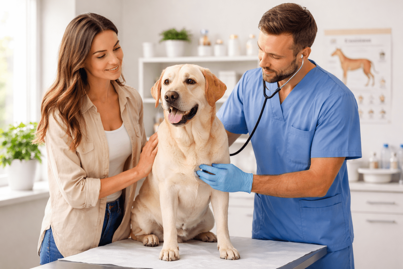 How to Train Your Dog to Run with You 1 A veterinarian in blue scrubs examines a happy yellow Labrador Retriever on an exam table while a woman, likely the pet owner, stands beside them smiling and gently holding the dog in a veterinary clinic.