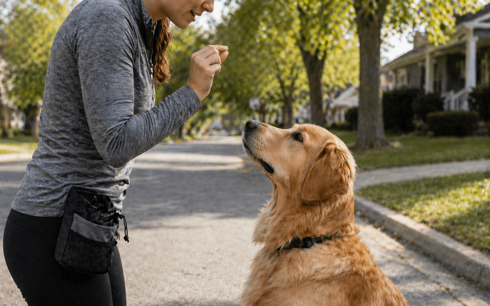 How to Socialize a Reactive Dog 4 Reactive dog practicing watch me focus command with owner during obedience training