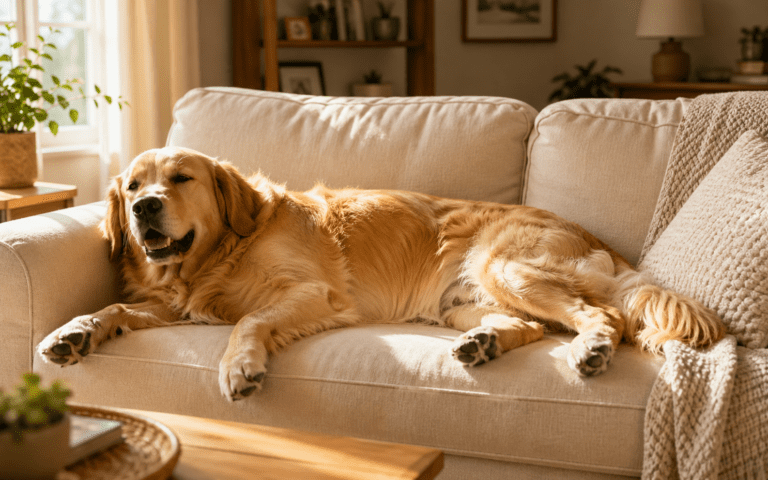 why do dogs sigh golden retriever exhaling on couch with soft eyes