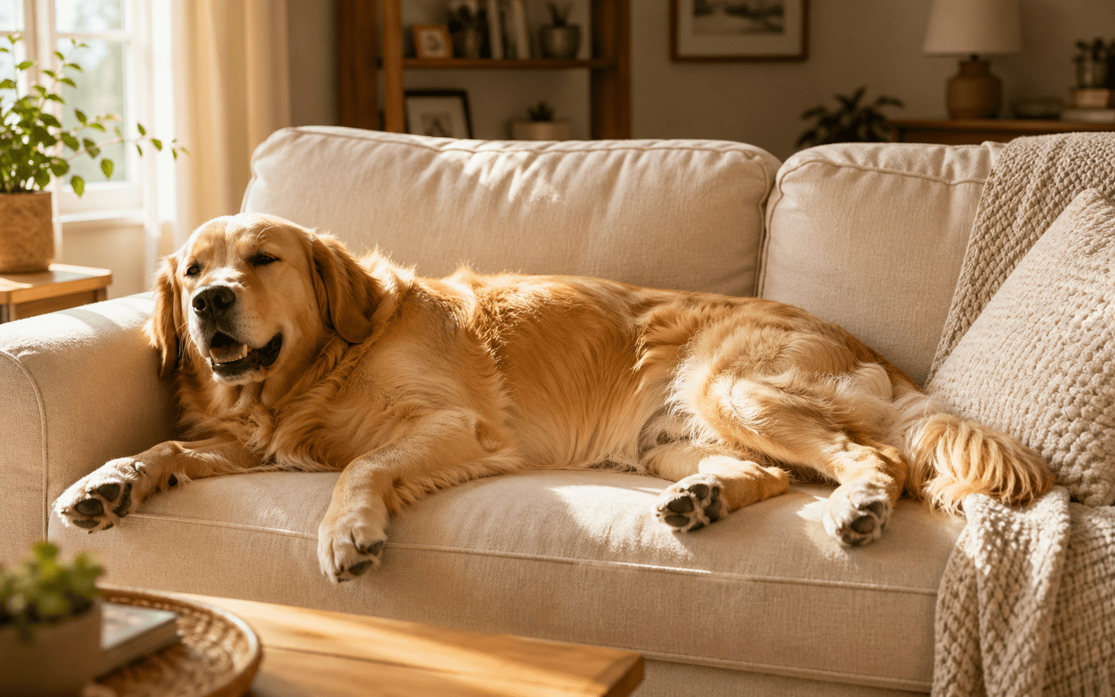 why do dogs sigh golden retriever exhaling on couch with soft eyes