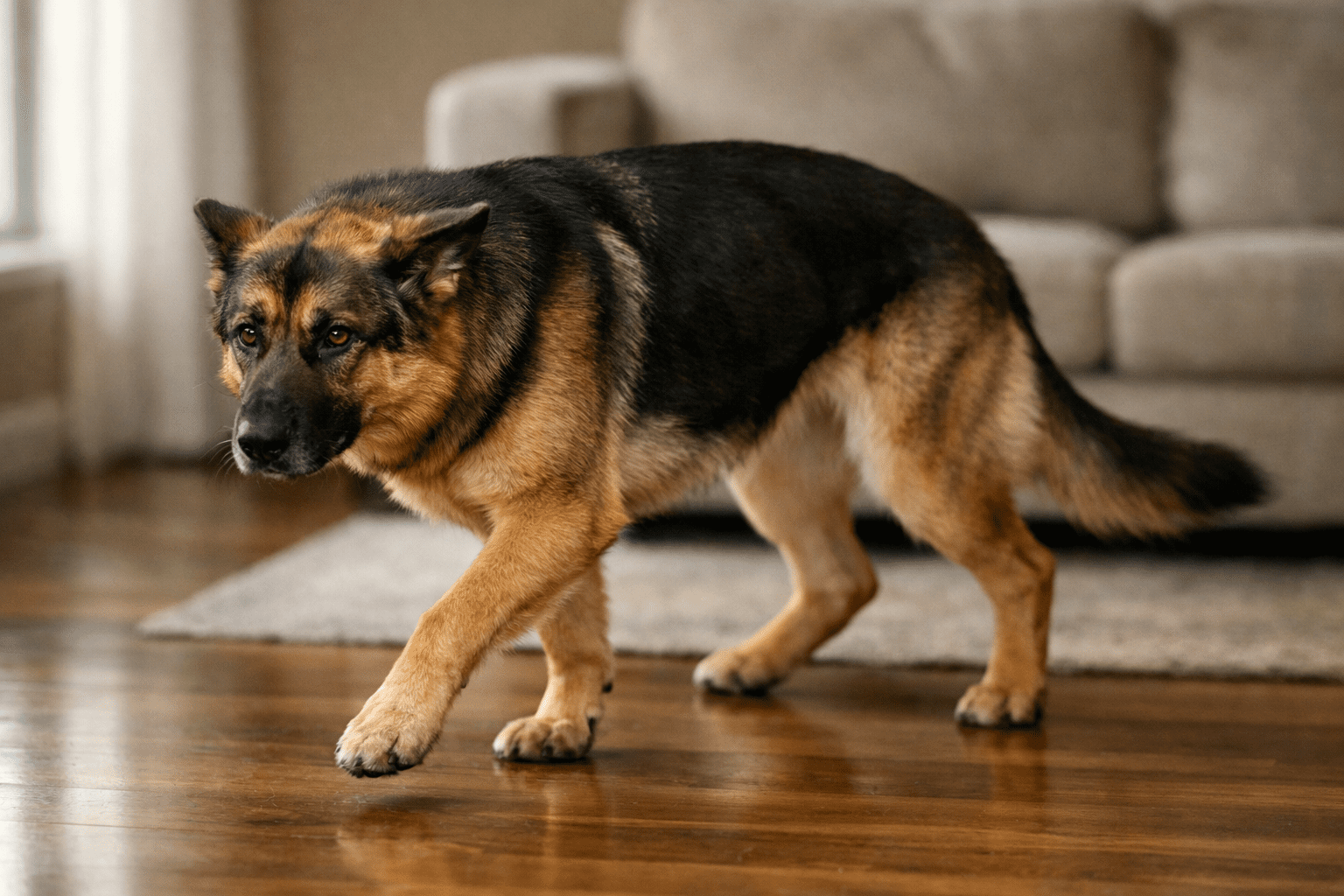 why is my dog pacing? Anxious German Shepherd pacing back and forth in living room showing signs of stress and restless behavior
