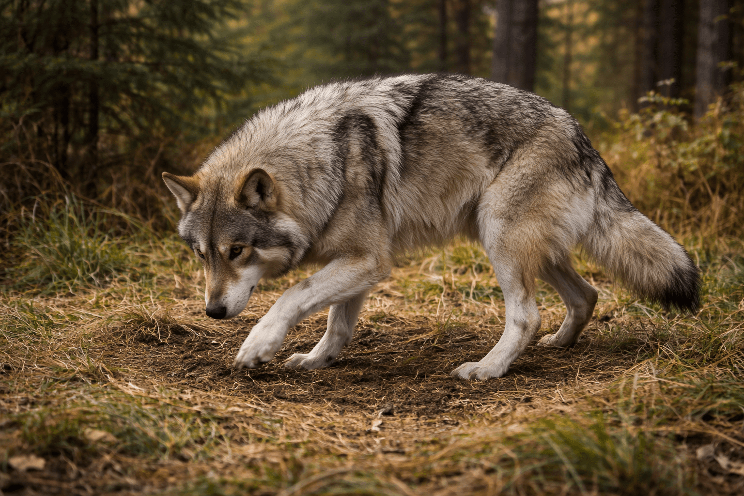 Why Do Dogs Circle Before Lying Down? 1 A gray wolf with thick fur stands alert on a forest floor, one paw raised as if investigating or stalking. Tall trees and autumn foliage surround the area, creating a natural woodland scene.