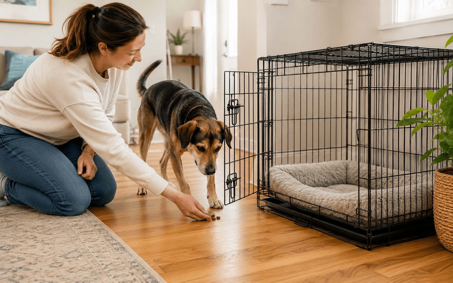 How to Crate Train an Adult Dog: What Actually Works 1 Woman feeding dog treats by an open crate with a fluffy bed inside.