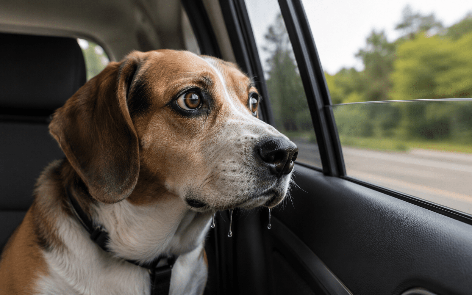 Why Do Dogs Drool: Real Causes Every Dog Owner Should Know 4 A brown and white dog sits in a car looking out the window with wide eyes. Drool hangs from its mouth. The car interior and blurred green trees outside are visible.