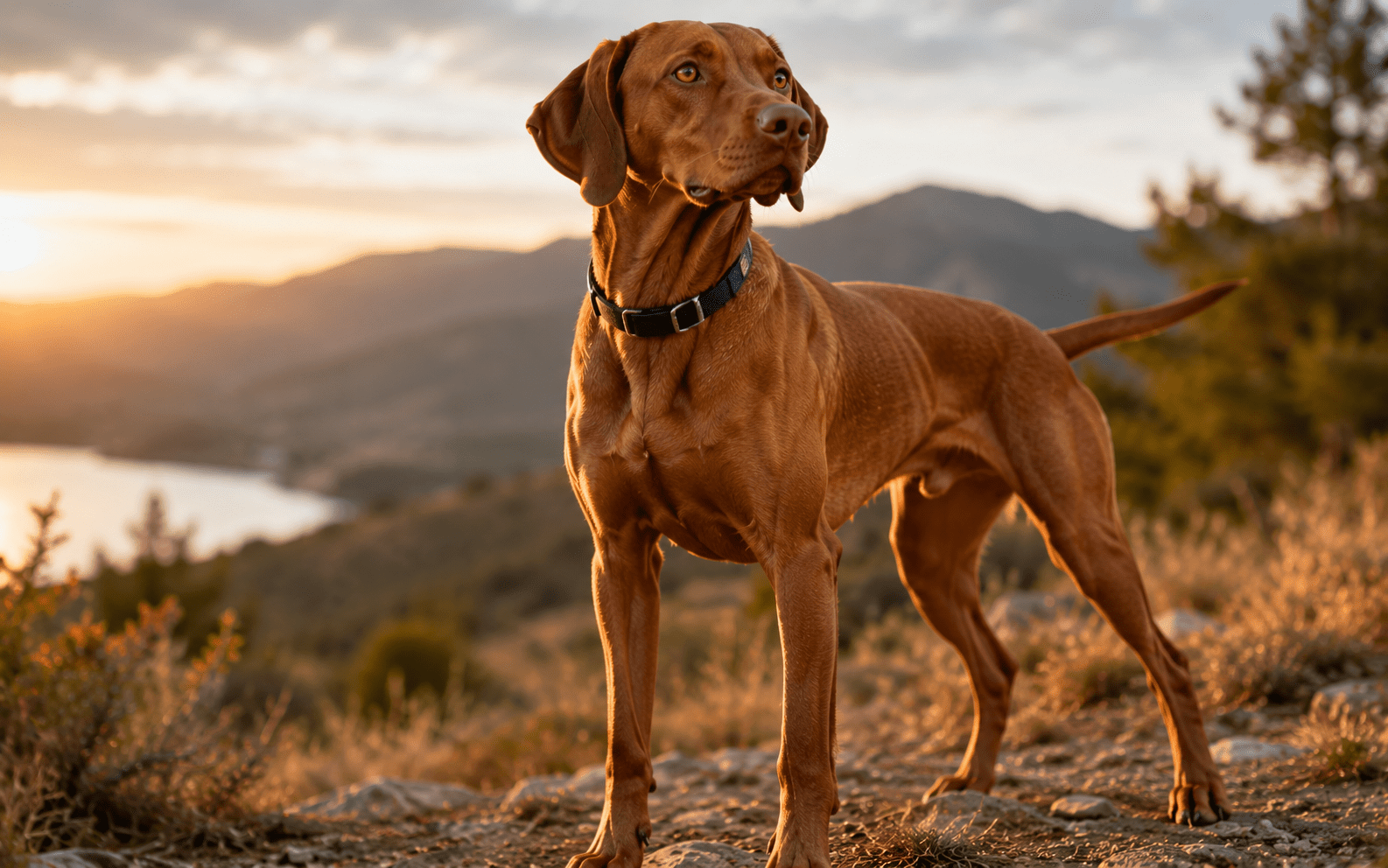 Best Dog Breeds for Running: Top Picks for Every Type of Runner 1 A brown dog with a black collar stands alert on a rocky hillside at sunset, with mountains, trees, and a lake visible in the background.
