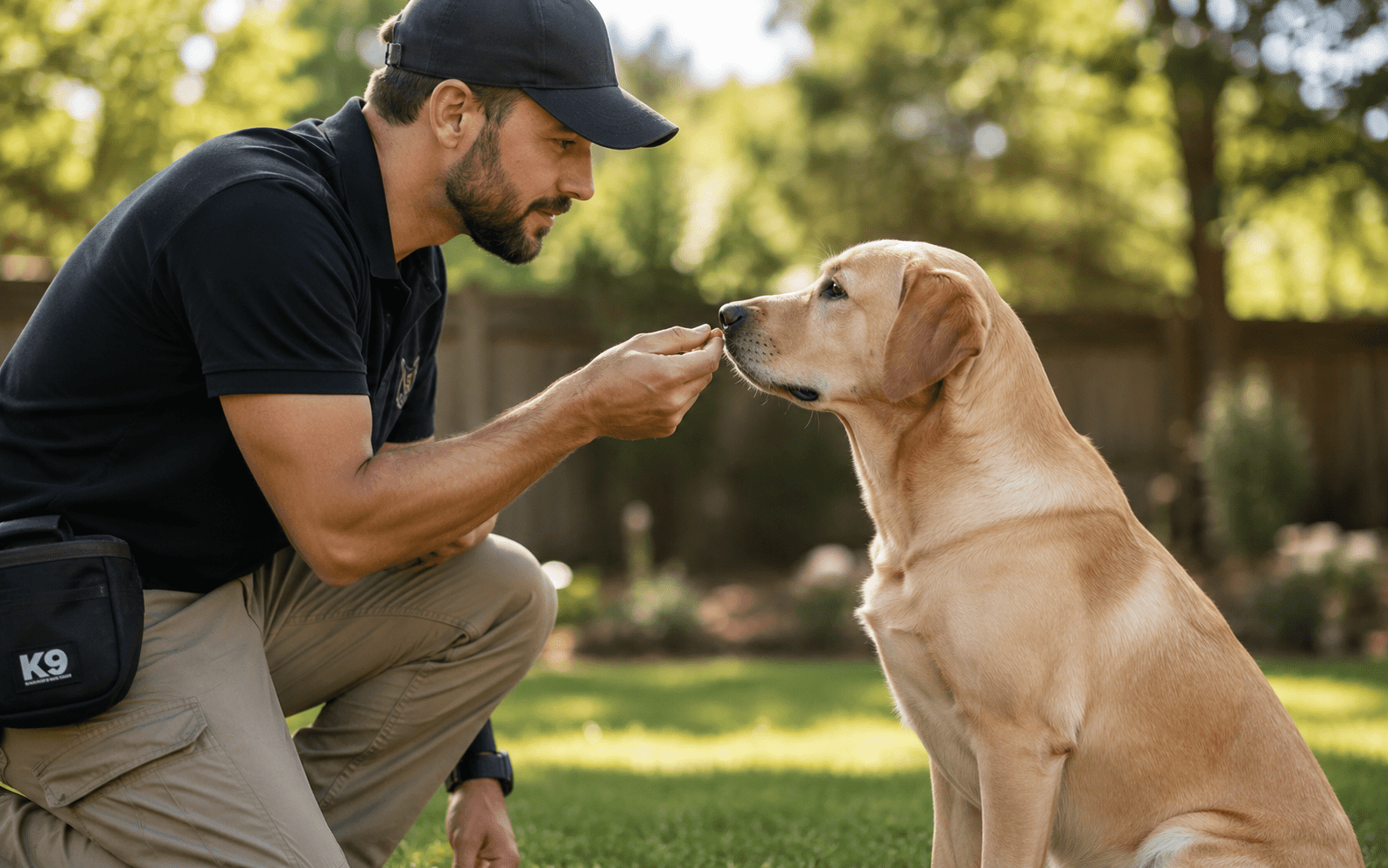 What Is Balanced Dog Training and How Does It Actually Work 1 A man in a K9 vest kneels and feeds a treat to a yellow Labrador retriever in a backyard.