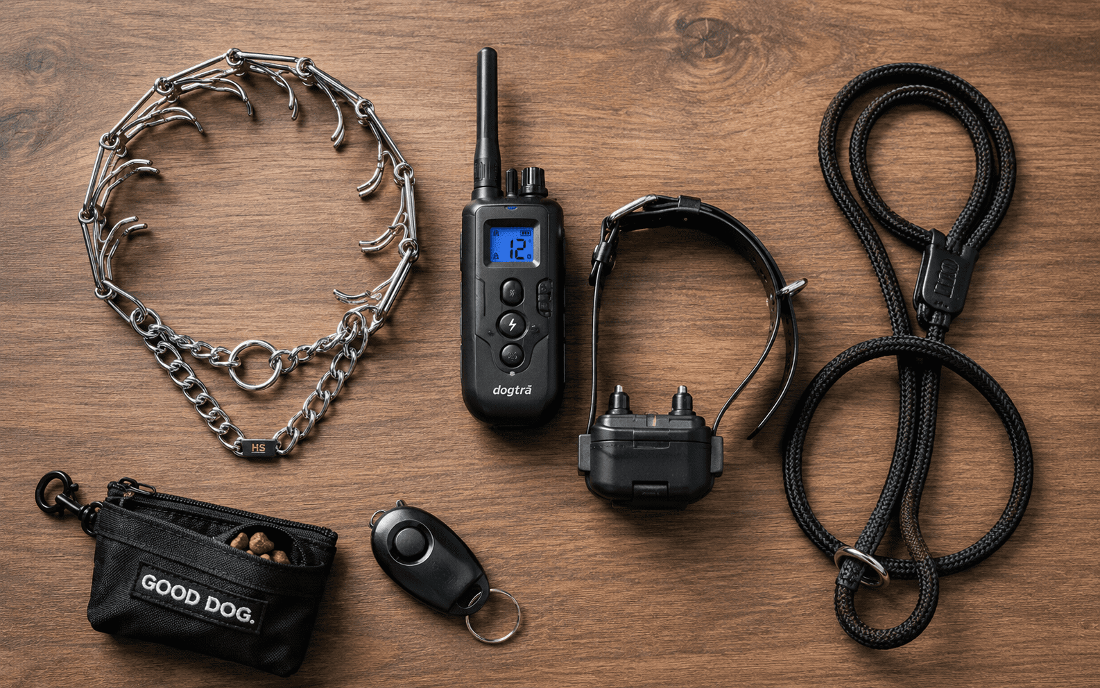 What Is Balanced Dog Training and How Does It Actually Work 2 Dog training gear laid out: prong collar, e-collar remote, collar, leash, treat pouch, and remote.