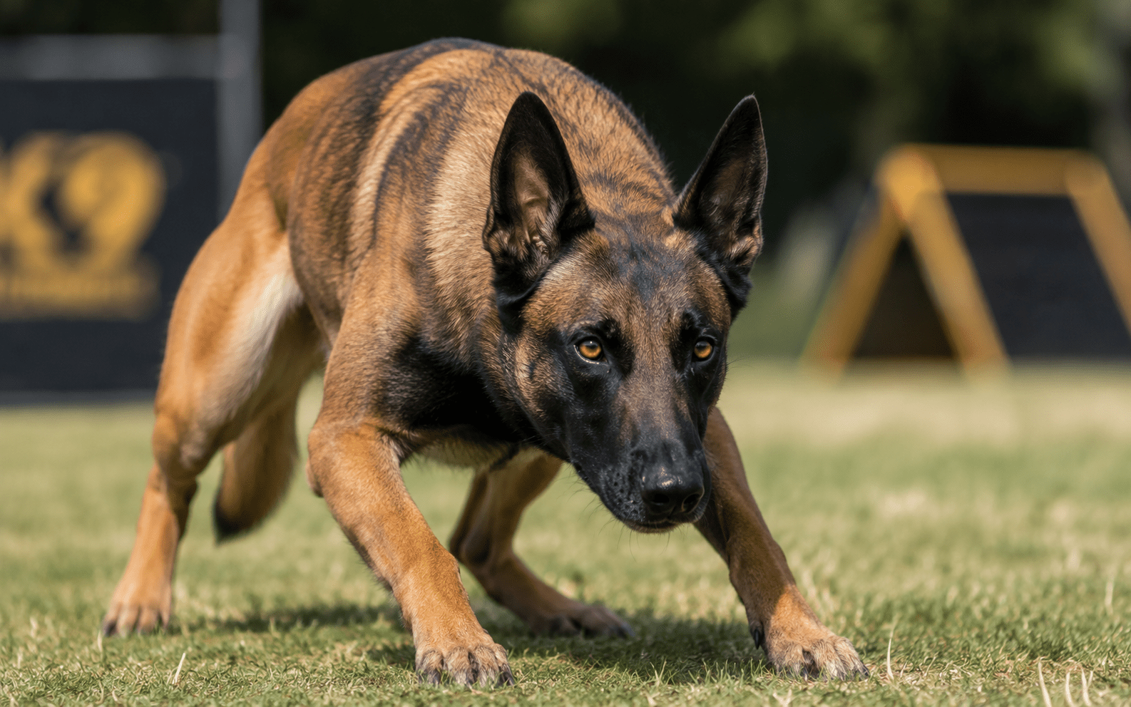 How to Train a Belgian Malinois Dog: Techniques, Timelines, and Real Expectations 1 An alert Belgian Malinois crouches on grass, focused with ears up, agility training gear visible behind.