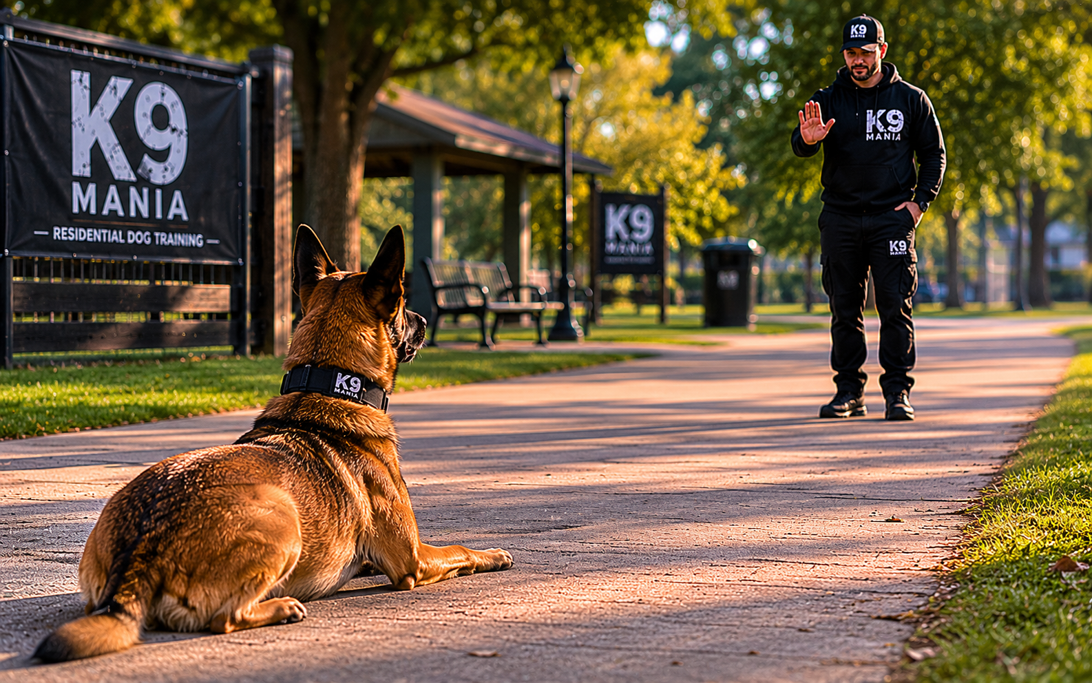How to Train a Belgian Malinois Dog: Techniques, Timelines, and Real Expectations 5 A man in K9 Mania gear signals a Belgian Malinois lying on a park path near a dog training sign.