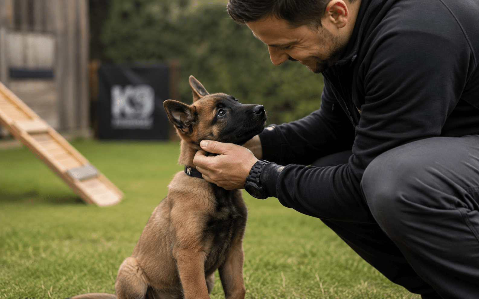 How to Train a Belgian Malinois Dog: Techniques, Timelines, and Real Expectations 2 A man in black crouches on grass, gently holding a brown and black puppy while making eye contact.