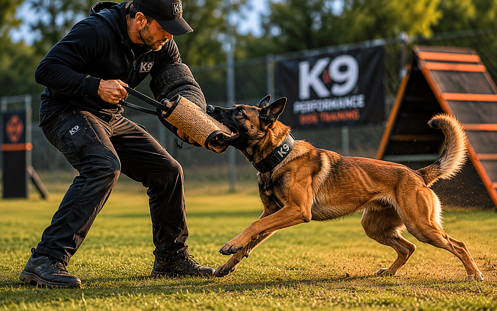How to Train a Belgian Malinois Dog: Techniques, Timelines, and Real Expectations 3 A K9 trainer in protective gear works with a Belgian Malinois on bite sleeve training outdoors.
