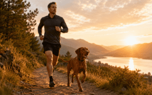 A man in athletic wear runs on a dirt trail with a brown dog beside him at sunrise, with mountains, trees, and a river in the background. The sky is colorful with scattered clouds.