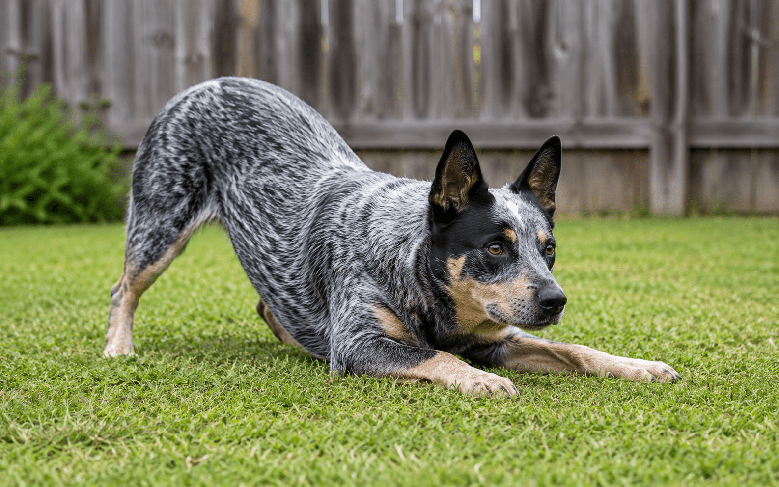 How to Train a Blue Heeler Dog the Right Way 1 A blue heeler dog crouches on green grass in a play bow position, ears alert and eyes focused, with a wooden fence and some greenery in the background.