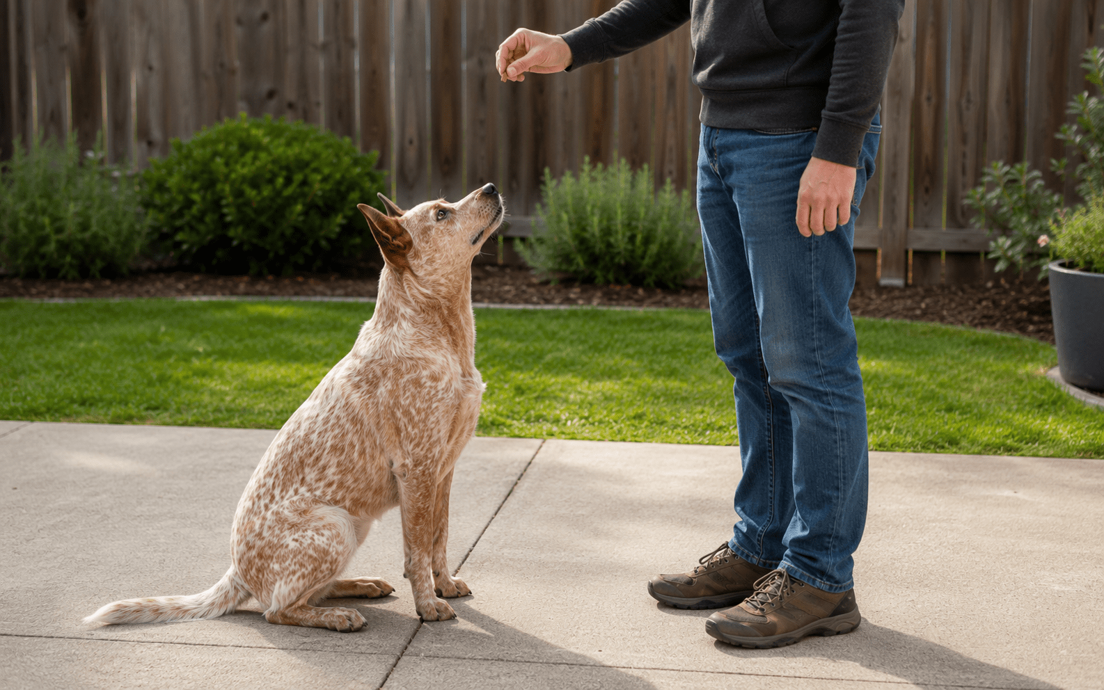 How to Train a Blue Heeler Dog the Right Way 3 A person in jeans and brown shoes holds out a treat to a brown and white dog sitting attentively on a patio in a backyard with green grass and wooden fence.