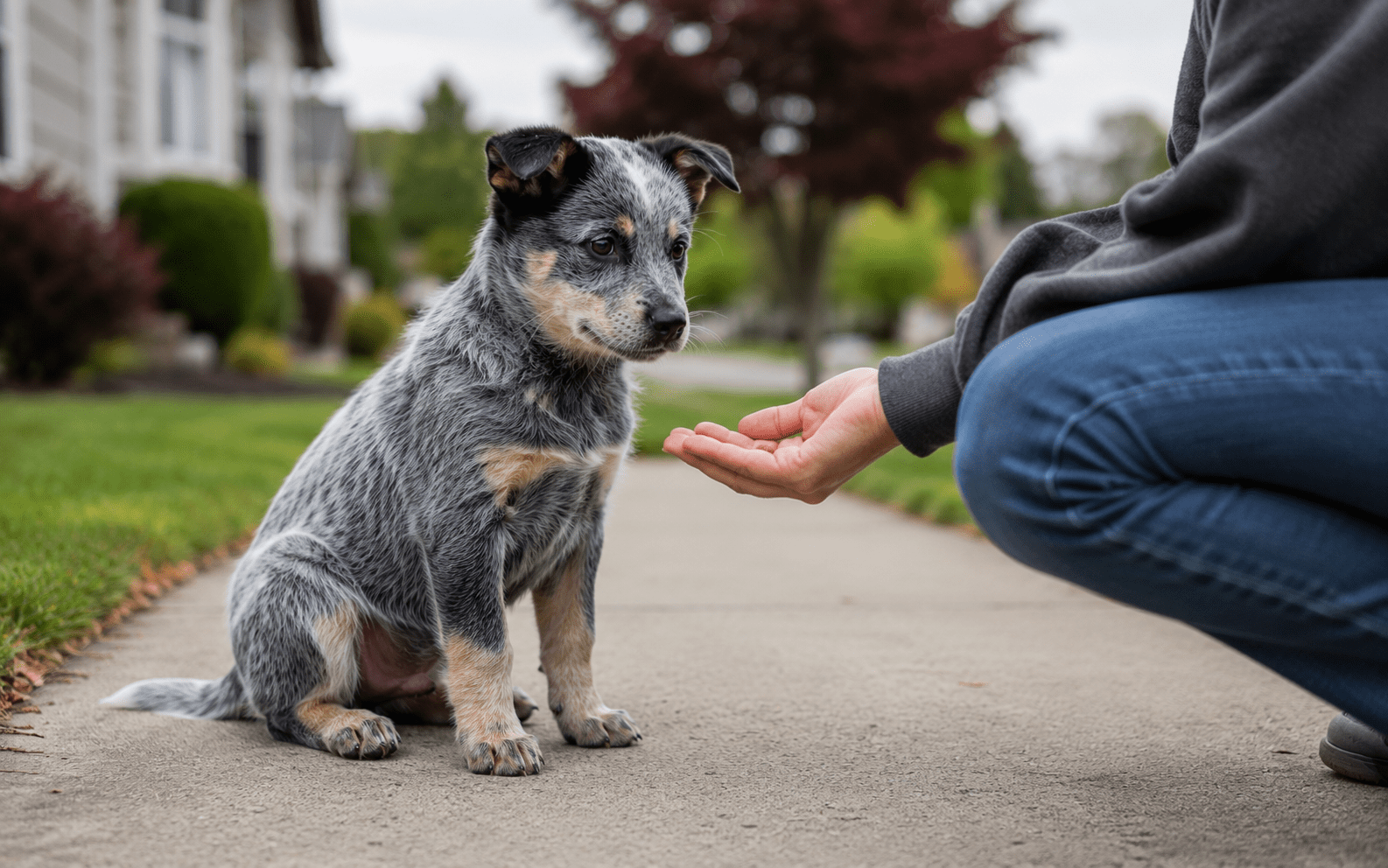 How to Train a Blue Heeler Dog the Right Way 2 A small blue heeler puppy sits on a sidewalk, looking attentively at a person's outstretched hand. The person is kneeling nearby, and there are trees and houses in the background.