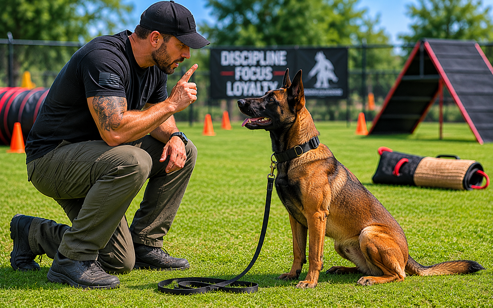 What Are Good Guard Dog Breeds and How to Know If One's Right for You 4 A man kneels on grass, holding up a finger while training a Belgian Malinois dog on a leash. The dog sits attentively. Agility equipment and a sign reading "Discipline Focus Loyalty" are visible in the background.