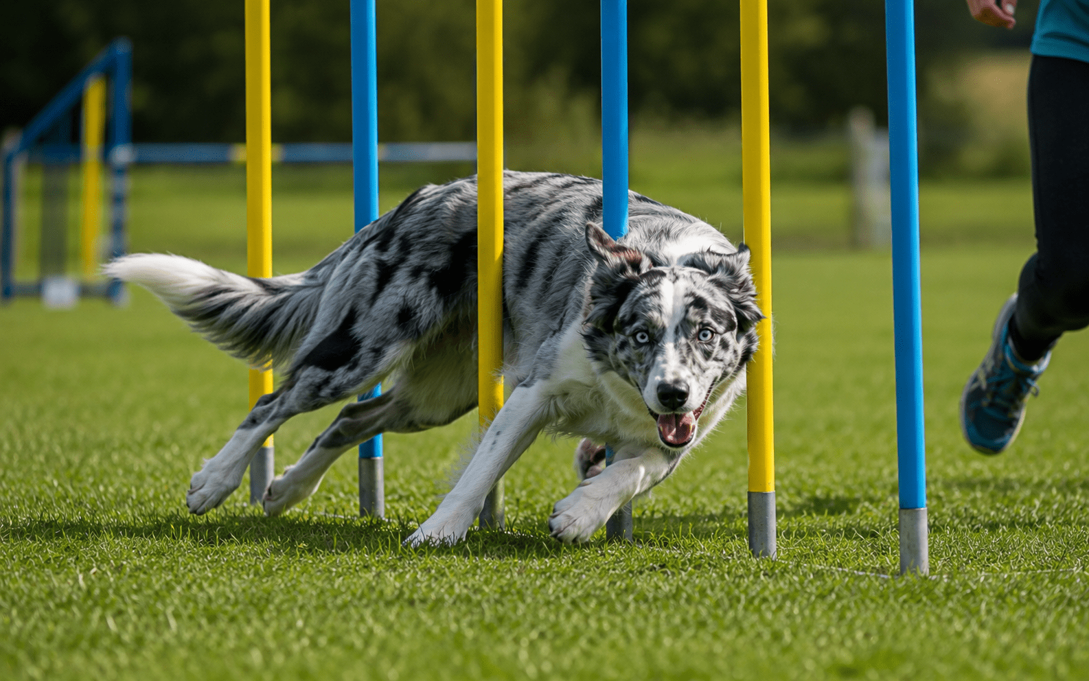 How to Train a Border Collie Dog: Proven Methods That Actually Work 3 A Border Collie navigates agility poles on a grassy field during an exciting dog agility course event.