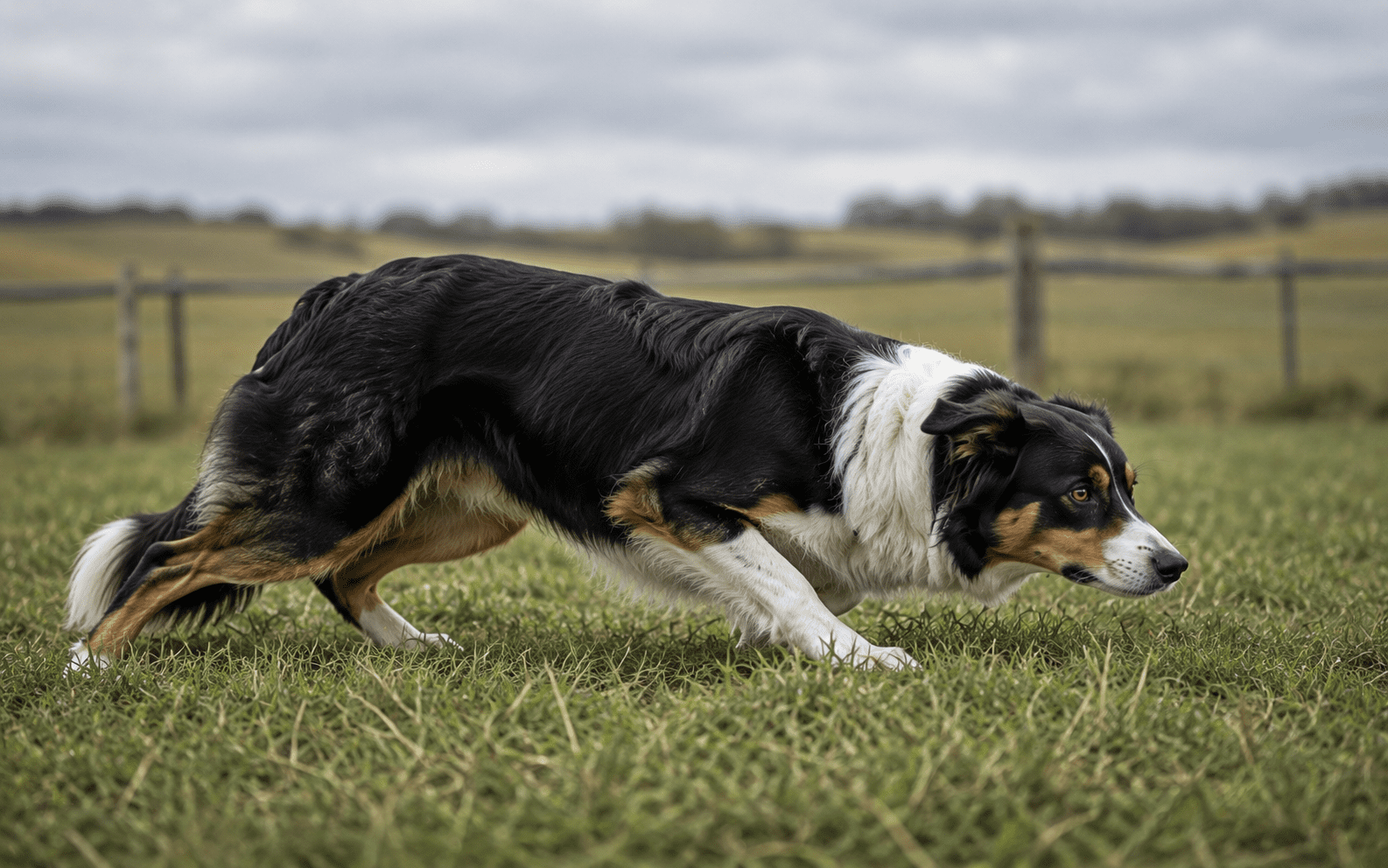 How to Train a Border Collie Dog: Proven Methods That Actually Work 1 A Border Collie crouches in a grassy field, focused ahead, with a wooden fence in the background.