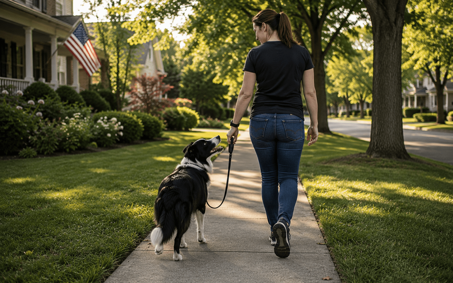How to Train a Border Collie Dog: Proven Methods That Actually Work 4 Woman walking a black and white dog along a leafy suburban sidewalk on a sunny day.