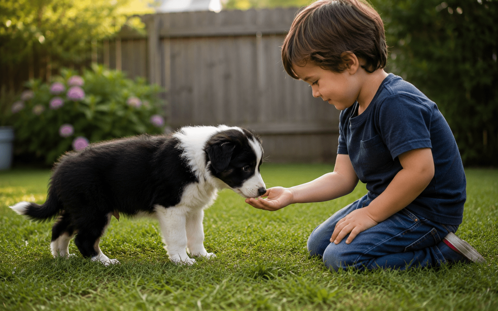 How to Train a Border Collie Dog: Proven Methods That Actually Work 2 A young boy kneels on green grass, feeding his black and white puppy in their sunny backyard.