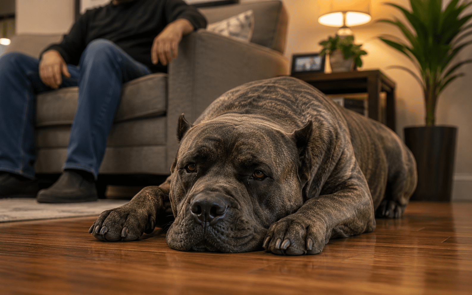 What Are Good Guard Dog Breeds and How to Know If One's Right for You 5 A large, brindle-coated dog lies on a wooden floor, looking relaxed and slightly sleepy. In the background, a person sits on a couch with a lamp, plant, and framed photos nearby, creating a cozy indoor scene.