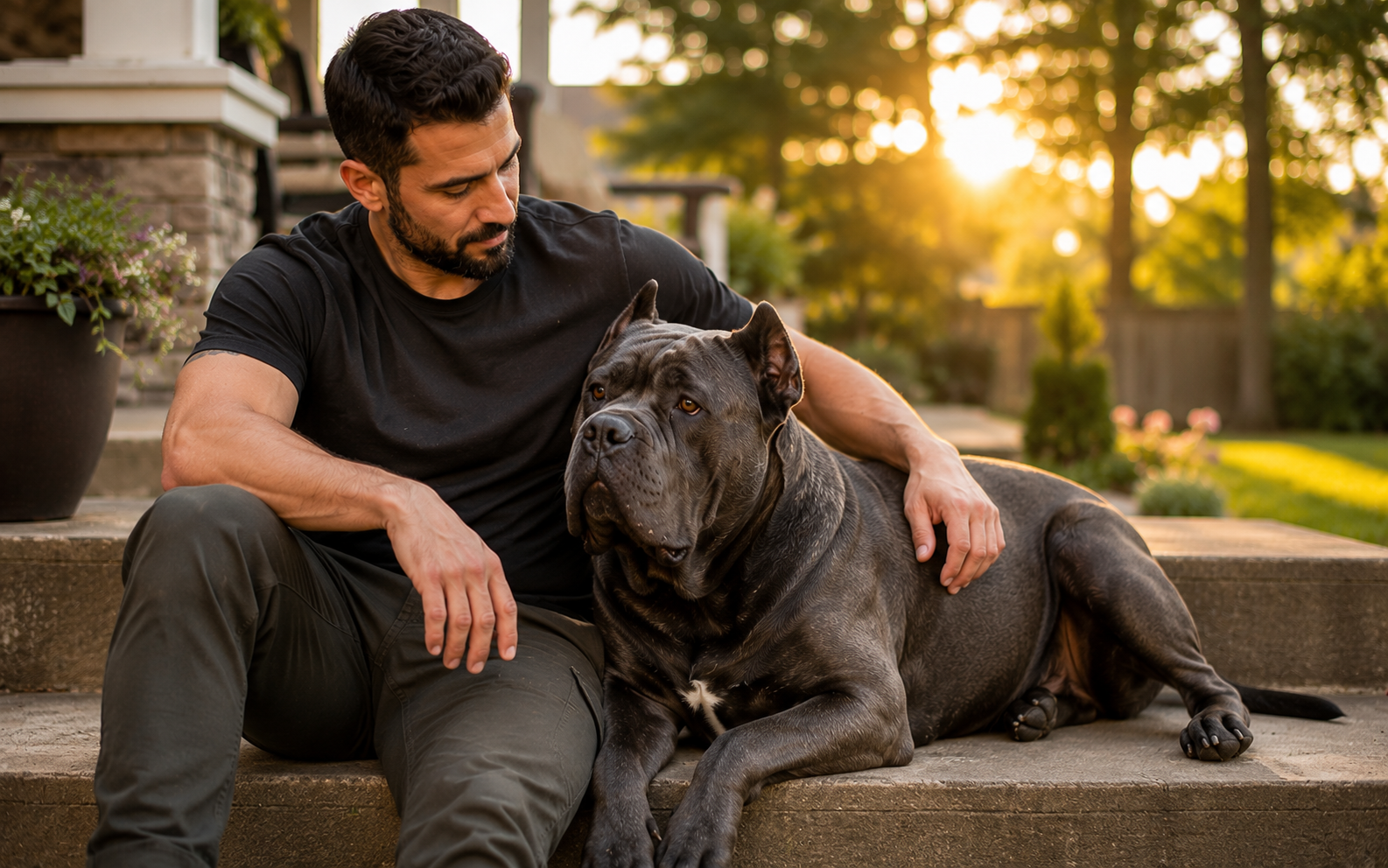 How to Train a Cane Corso: Step-by-Step Guide for Owners 5 A man relaxes on outdoor steps with his large black dog at sunset, showing companionship and warmth.