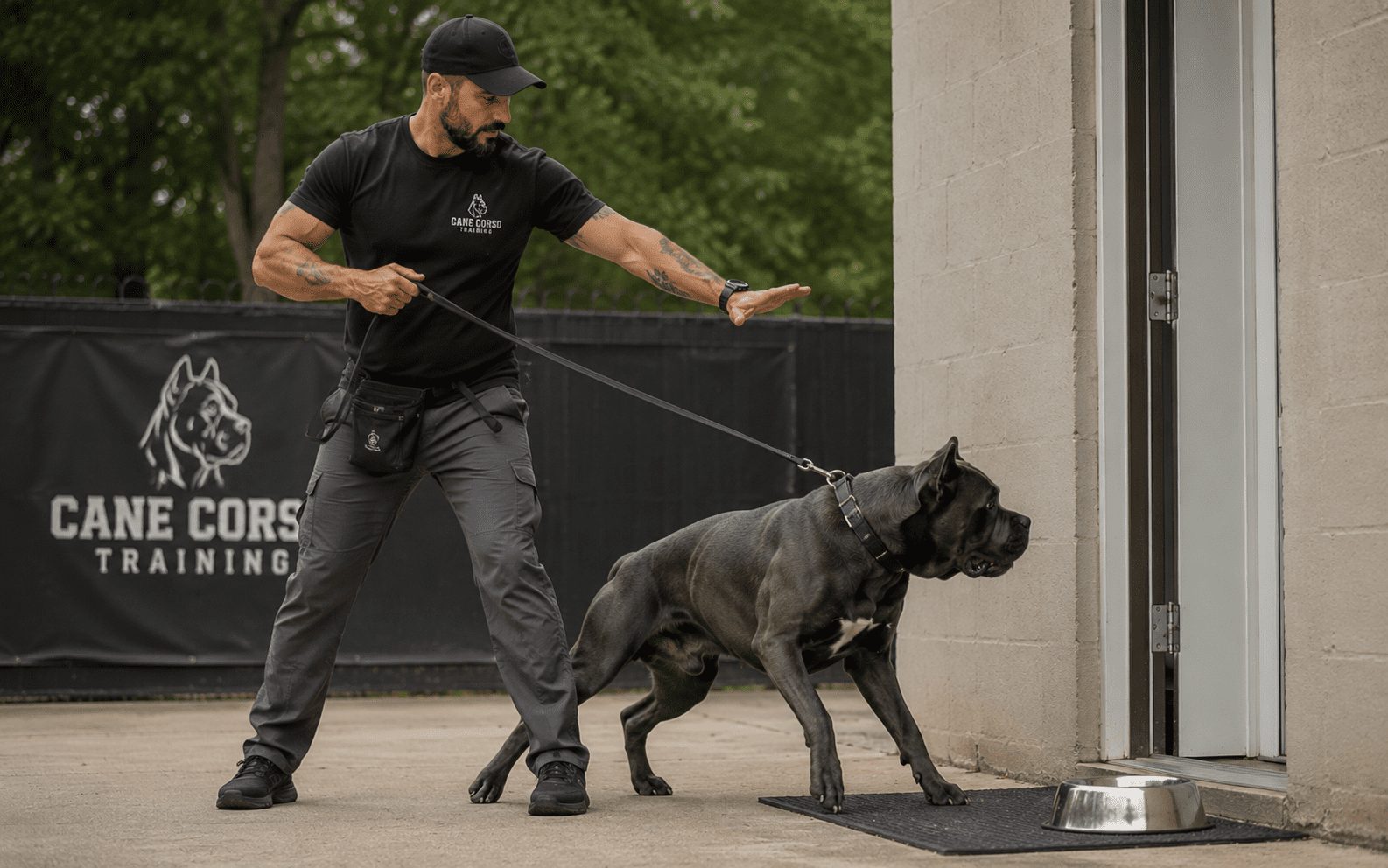 How to Train a Cane Corso: Step-by-Step Guide for Owners 3 A man in training gear holds back a large black dog on a leash outside a door at a training facility.