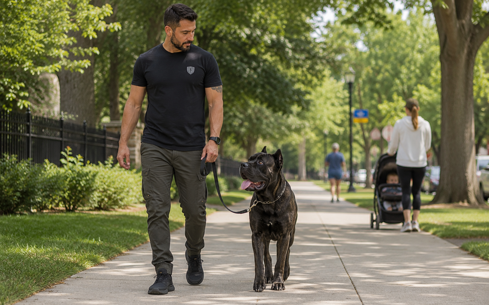 How to Train a Cane Corso: Step-by-Step Guide for Owners 4 A man walks a large black dog on a tree-lined sidewalk, with people and a stroller visible behind him.