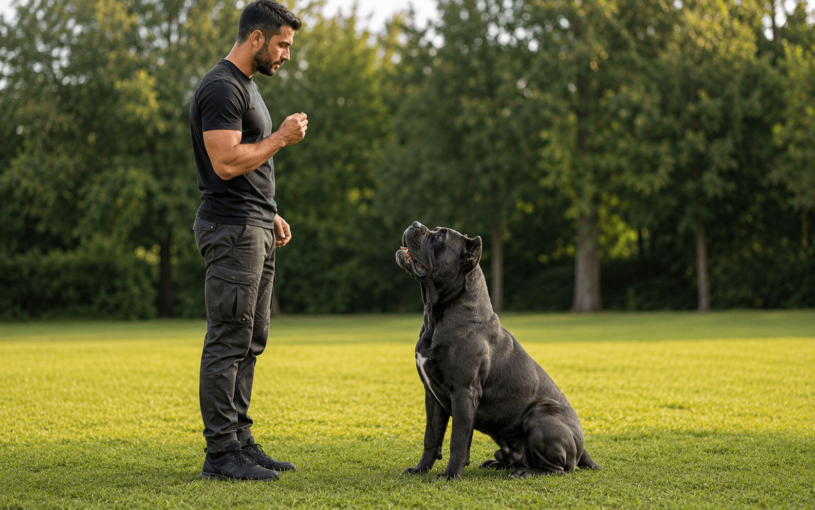 How to Train a Cane Corso: Step-by-Step Guide for Owners 1 A man in black trains a large black dog on green grass in a park with trees visible in the background.