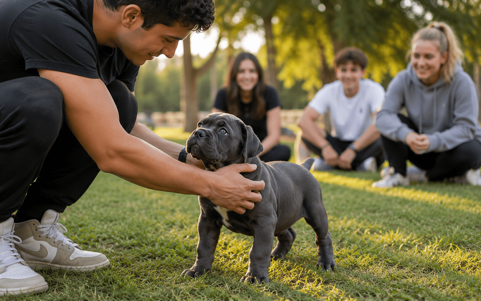 How to Train a Cane Corso: Step-by-Step Guide for Owners 2 A man pets a gray puppy on green grass as three smiling people watch in the background.