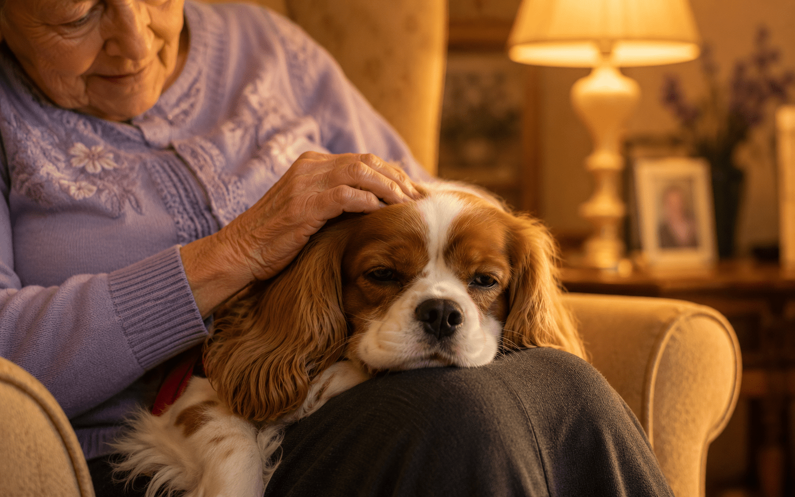 How to Train Your Dog to Be a Comfort Dog: Steps That Actually Work 3 An elderly woman gently pets a Cavalier King Charles Spaniel resting on her lap in a cozy, warmly lit living room. A lamp and framed photo are visible in the softly blurred background.
