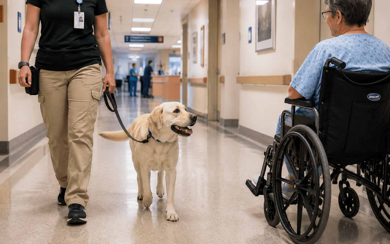 How to Train Your Dog to Be a Comfort Dog: Steps That Actually Work 2 A person walks a yellow labrador retriever on a leash down a hospital hallway, passing a patient in a wheelchair wearing a hospital gown.