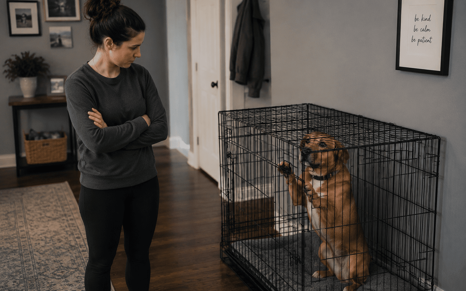 How to Crate Train an Adult Dog: What Actually Works 4 Woman arms crossed looks at dog begging at crate, framed by quote "be kind be calm be patient.