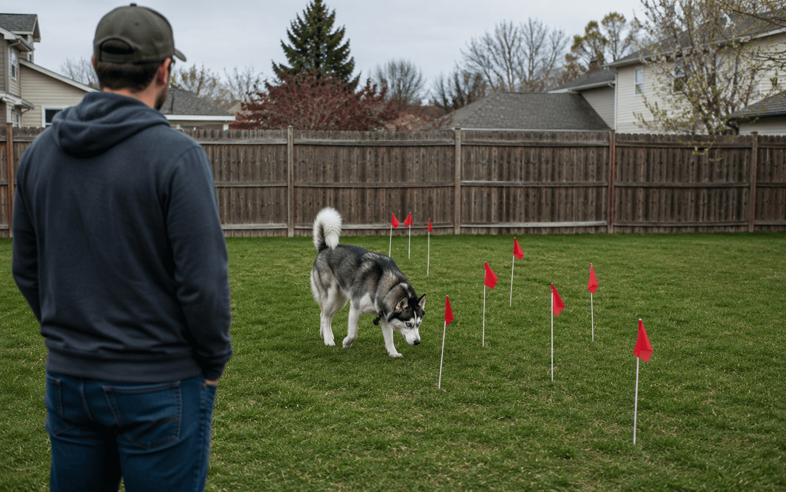 How to Train a Dog on Invisible Fence: Steps That Actually Work 5 A man in a dark hoodie and cap watches a husky dog sniff the grass near several red flags arranged in a fenced backyard. Trees and houses are visible in the background.
