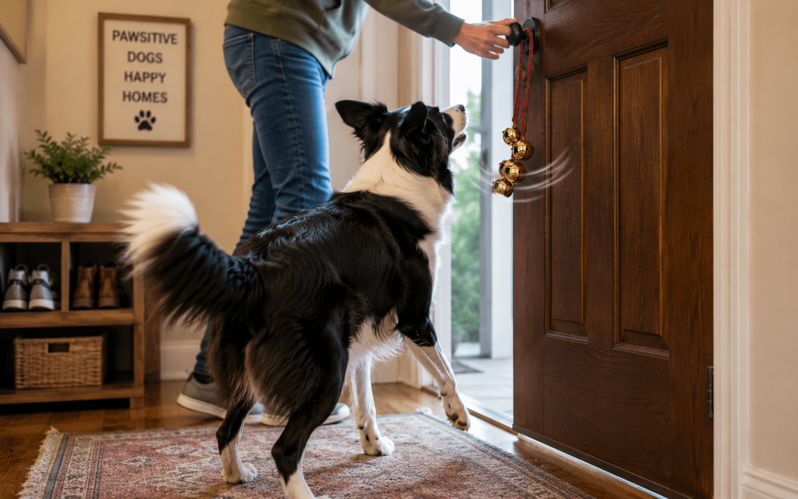 How to Bell Train a Dog: Steps That Actually Work 3 A black and white dog stands by a door, looking up as a person opens it. The dog’s tail is wagging, and there are bells hanging on the door handle. A sign on the wall reads, "PAWSITIVE DOGS HAPPY HOMES.