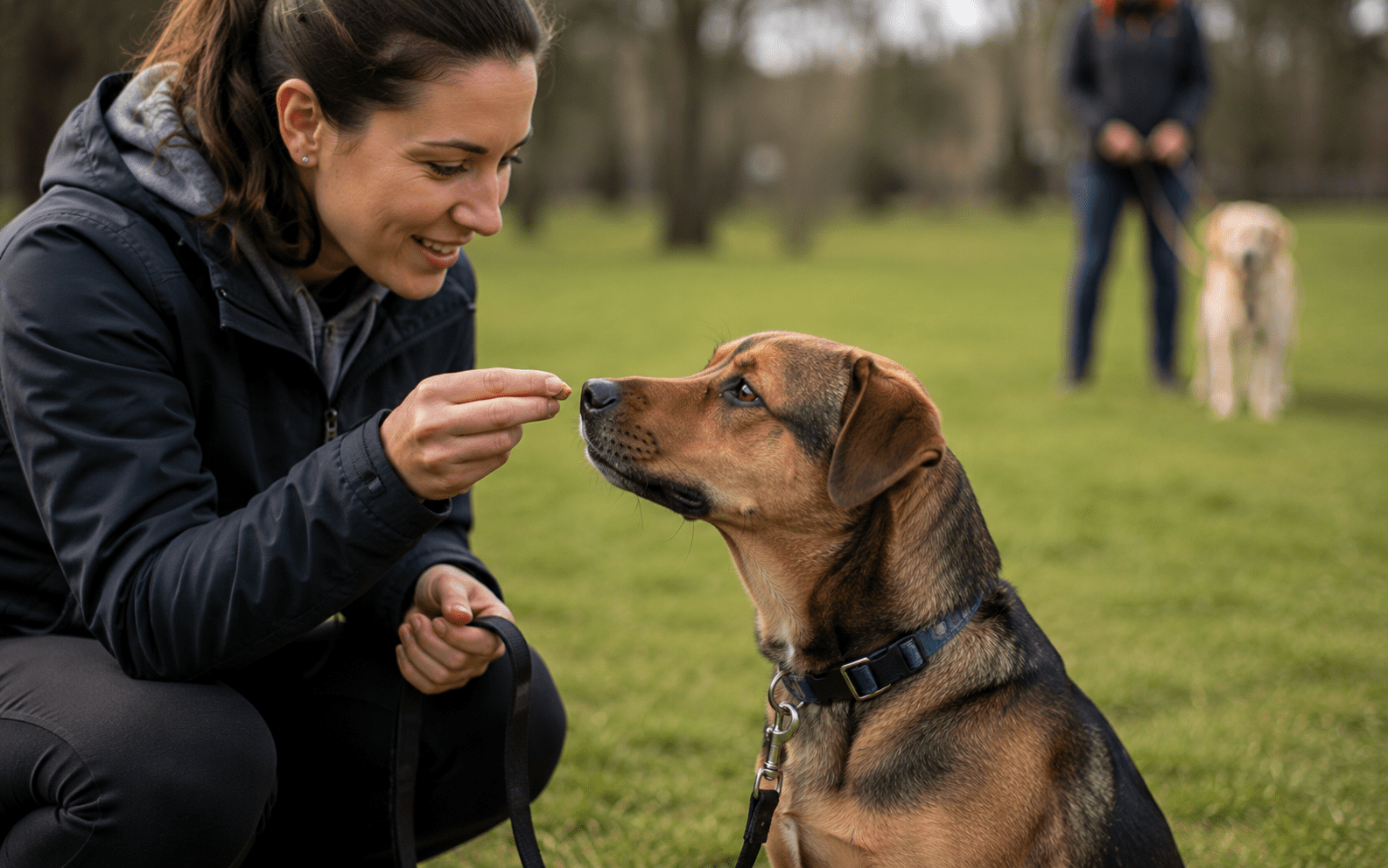 How to Calm a Reactive Dog: What Actually Works 2 A woman crouches in a grassy park, holding a treat in front of a brown and black dog wearing a collar and leash, while another person walks a yellow dog in the blurry background.