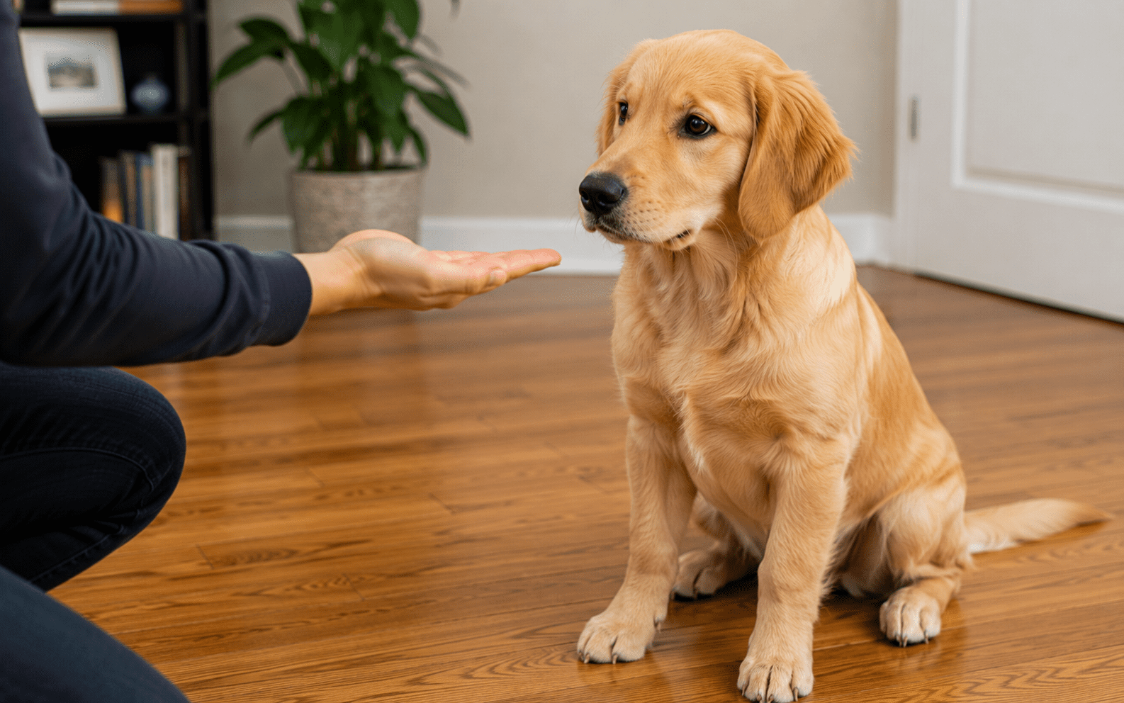 How to Train a Deaf Dog: Hand Signals, Techniques, and What Really Works 2 A golden retriever puppy sits on a wooden floor as someone gives a training command with their hand.