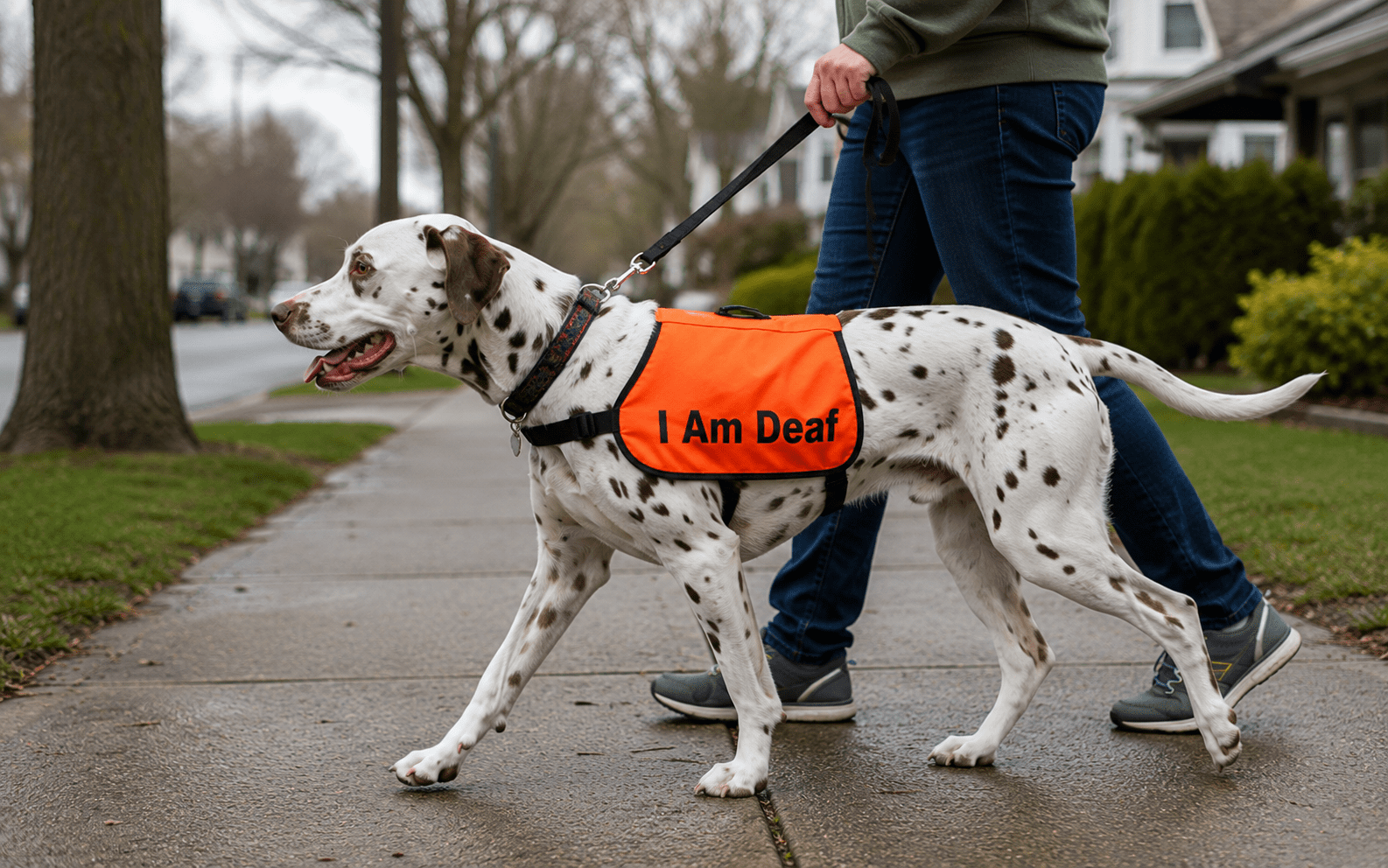 How to Train a Deaf Dog: Hand Signals, Techniques, and What Really Works 4 A Dalmatian in an "I Am Deaf" vest walks on a leash with a person along a city sidewalk.