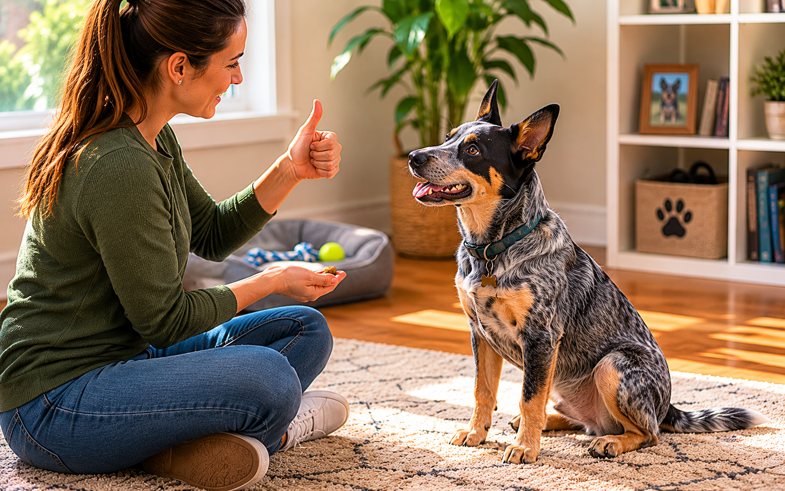 A woman gives a thumbs up to a happy dog indoors, possibly during a dog training session.
