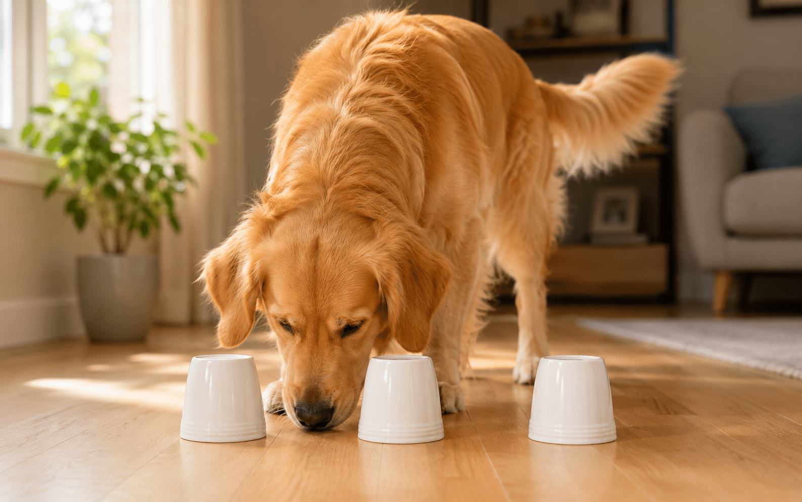 A golden retriever sniffs the floor between three upside-down white cups on a wooden floor in a bright living room.
