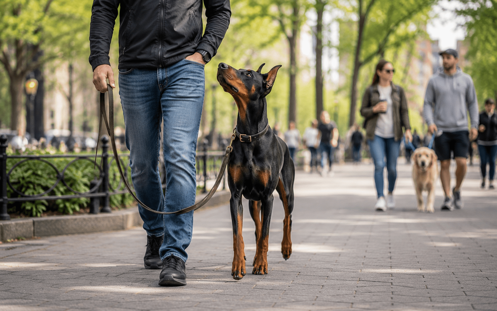 How to Train a Doberman: Proven Steps, Tips, and What Actually Works 3 A man walks his Doberman on a leash in a city park, surrounded by people and dogs enjoying the outdoors.