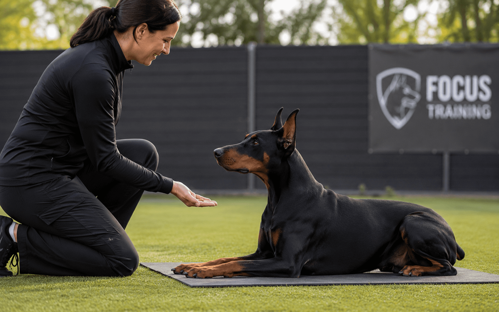 How to Train a Doberman: Proven Steps, Tips, and What Actually Works 2 A woman in black is training her Doberman lying on a mat outdoors near a "Focus Training" sign.