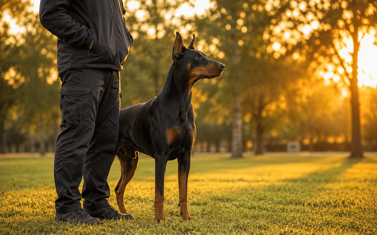 How to Train a Doberman: Proven Steps, Tips, and What Actually Works 1 A Doberman stands alert next to a person in black clothing on a grassy field during sunset.