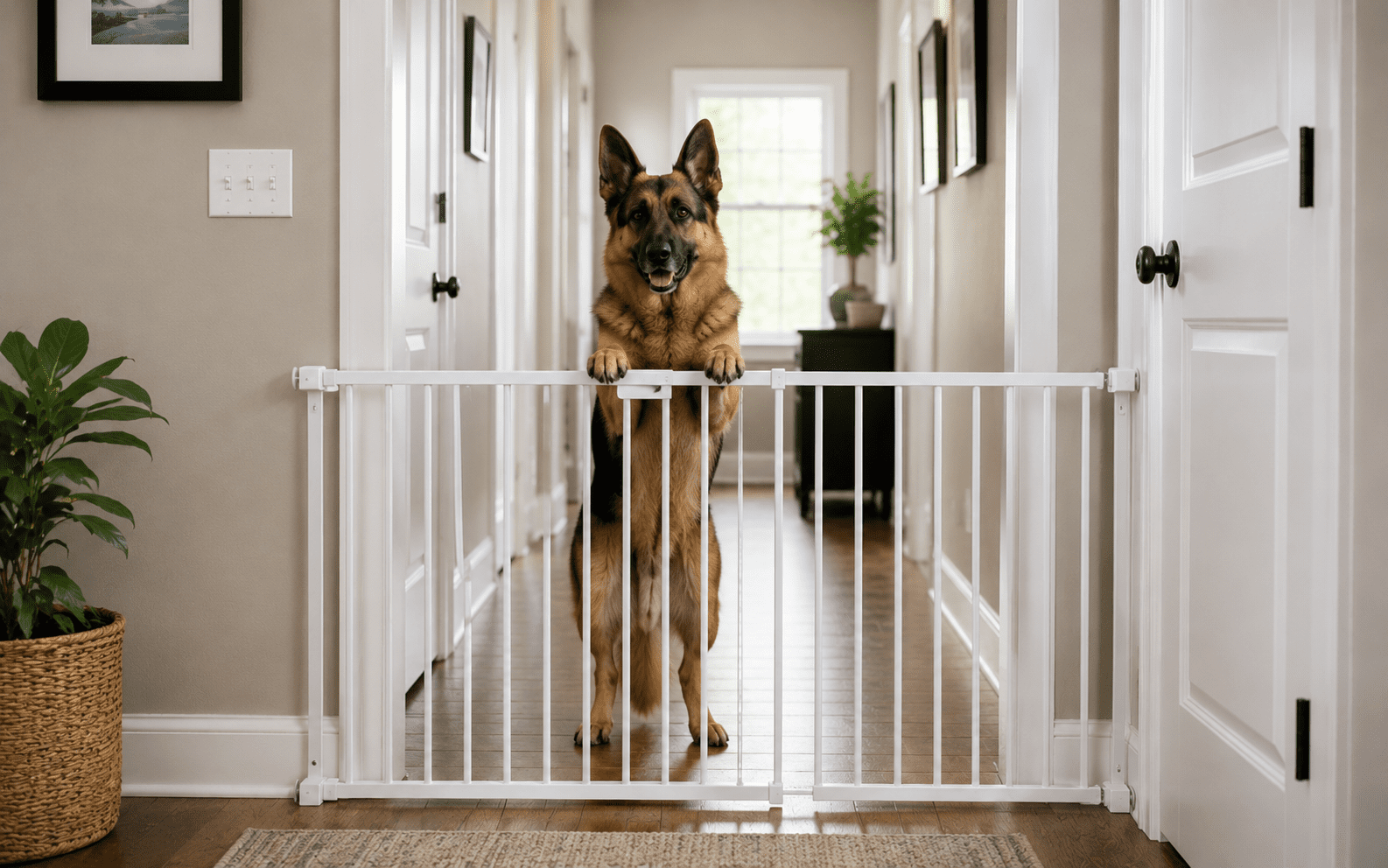 How to Stop Dog from Scratching Door: Fixes That Actually Work 4 A German Shepherd stands on its hind legs with its front paws resting on a white pet gate in a hallway of a home, looking alert and happy.