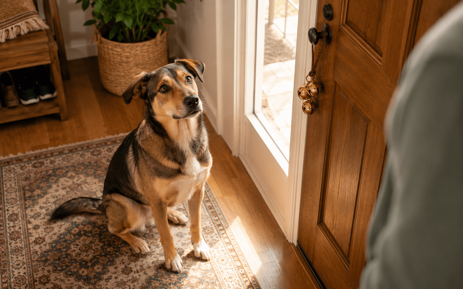 How to Bell Train a Dog: Steps That Actually Work 5 A medium-sized dog with brown and black fur sits attentively on a patterned rug near a wooden door with hanging jingle bells, looking up at a person standing nearby. Sunlight streams in through a glass window by the door.