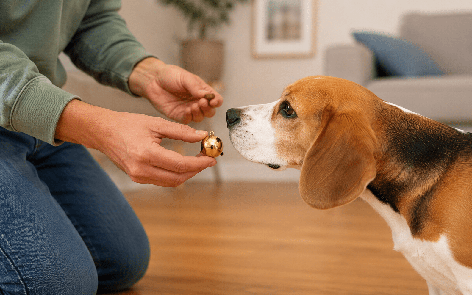 How to Bell Train a Dog: Steps That Actually Work 1 A person kneeling on the floor holds a small bell and treat in front of a beagle dog, who is sniffing the bell in a cozy living room setting.